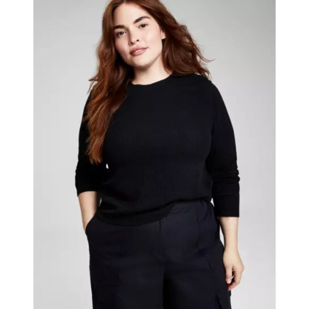 And‎ Now This Womens Trendy Plus Size 3X Ribbed Crewneck Top in Black 1880